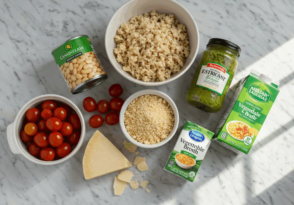 White bean and pesto bake ingredients including beans, rice, pesto, and vegetables