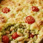 White bean and pesto bake with golden panko topping and visible beans and tomatoes