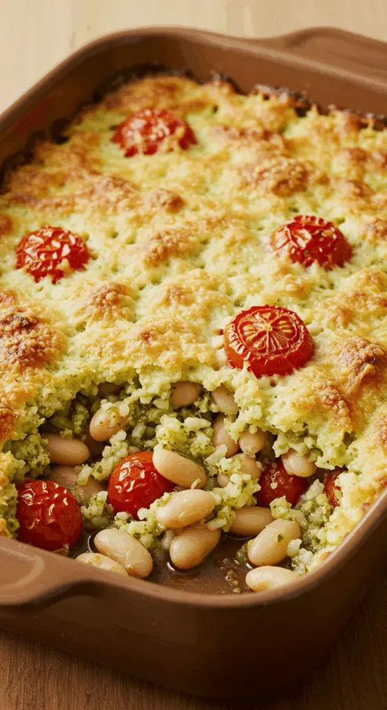 White bean and pesto bake with golden panko topping and visible beans and tomatoes