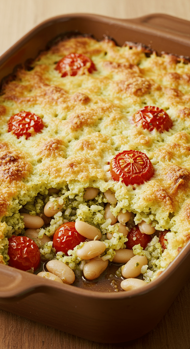 White bean and pesto bake with golden panko topping and visible beans and tomatoes