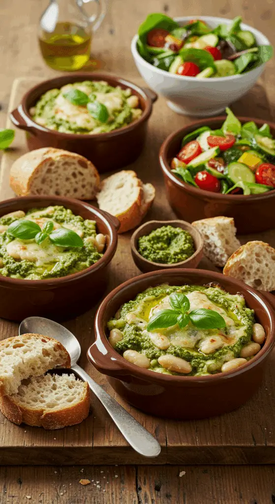 White bean and pesto bake served in bowls with bread and salad for complete meal