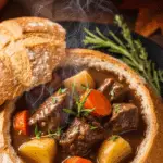 Witch's Cauldron Beef Stew served in bread bowl with Halloween decorations
