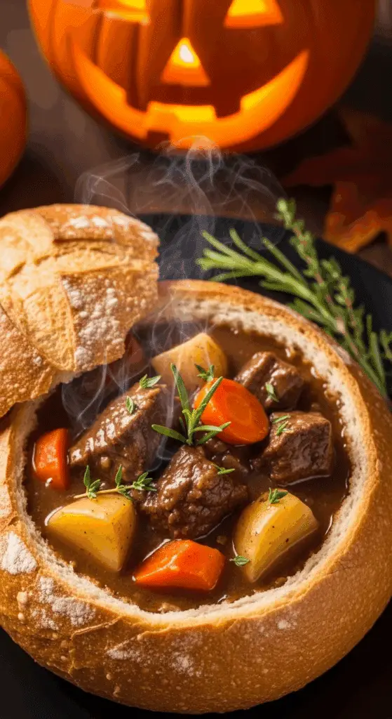Witch's Cauldron Beef Stew served in bread bowl with Halloween decorations