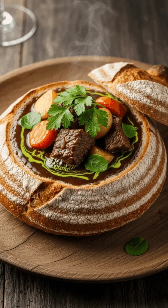 Beautifully served Witch's Cauldron Beef Stew in bread bowl presentation