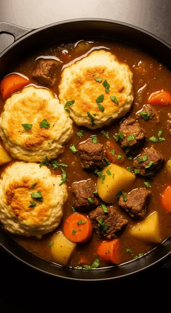 Beef Stew and Dumplings recipe served in cast iron pot with fluffy homemade dumplings