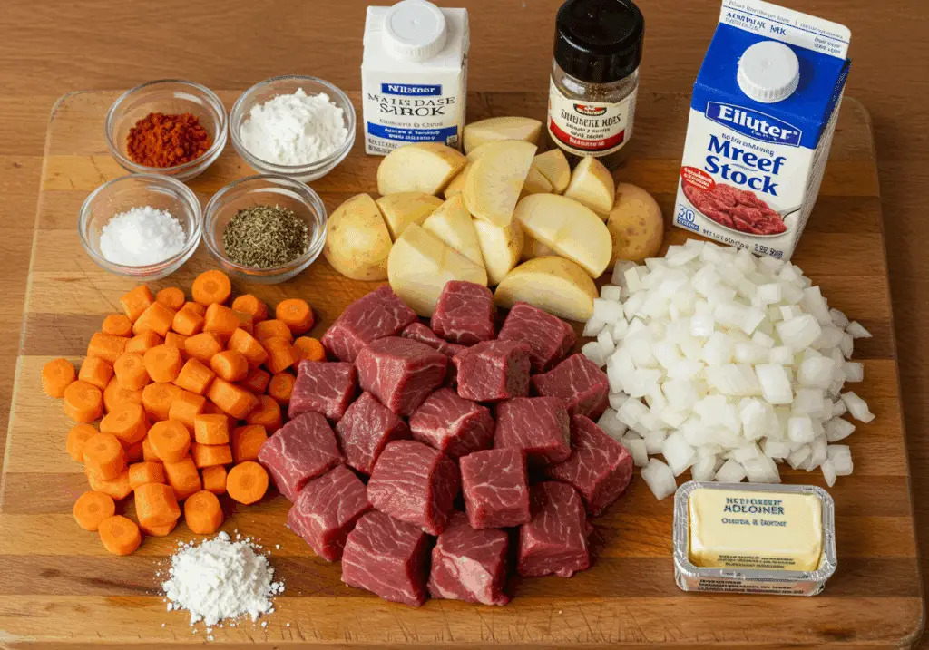 Fresh ingredients for making Beef Stew and Dumplings recipe