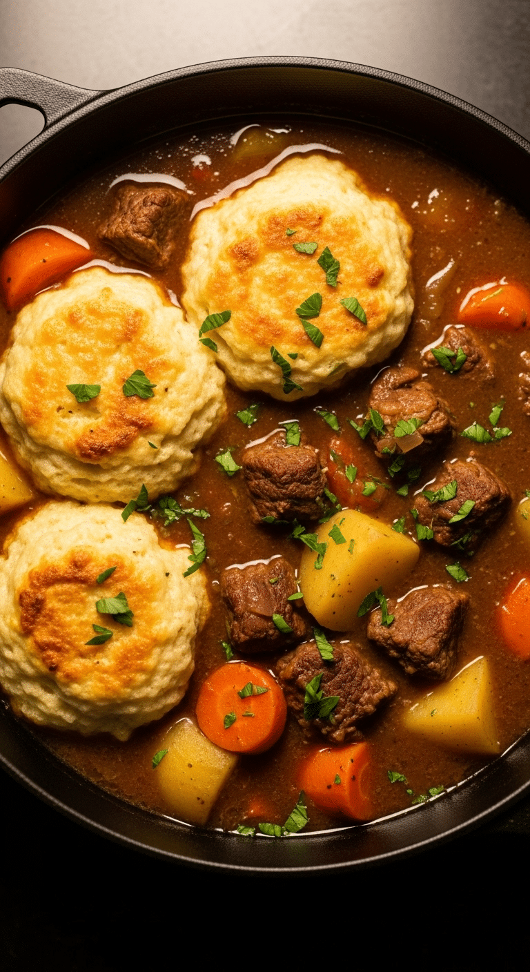 Beef Stew and Dumplings recipe served in cast iron pot with fluffy homemade dumplings