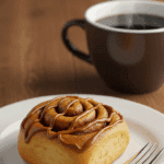 Plated chai cinnamon roll with espresso icing and coffee cup background