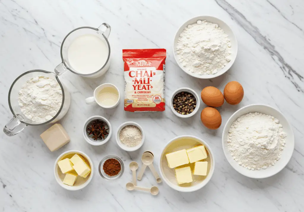 Chai cinnamon rolls ingredients layout including spices and dairy products