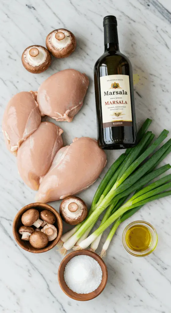 Chicken marsala ingredients including chicken breasts, Marsala wine, and fresh mushrooms
