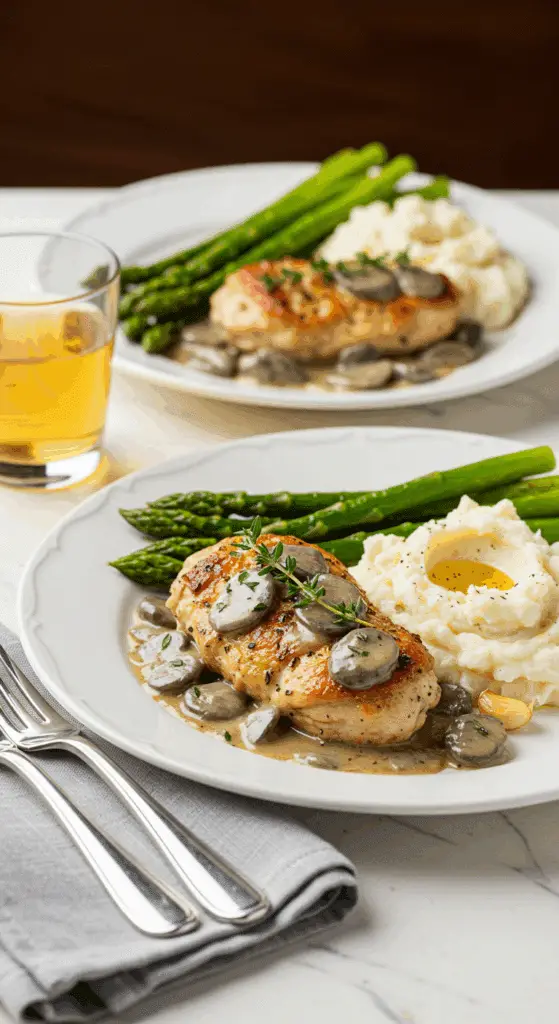 Two servings of chicken marsala with mashed potatoes and asparagus side dishes