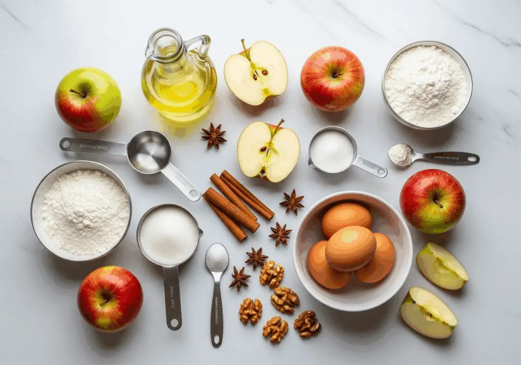 Ingredients for making Easy Apple Cake recipe laid out on counter