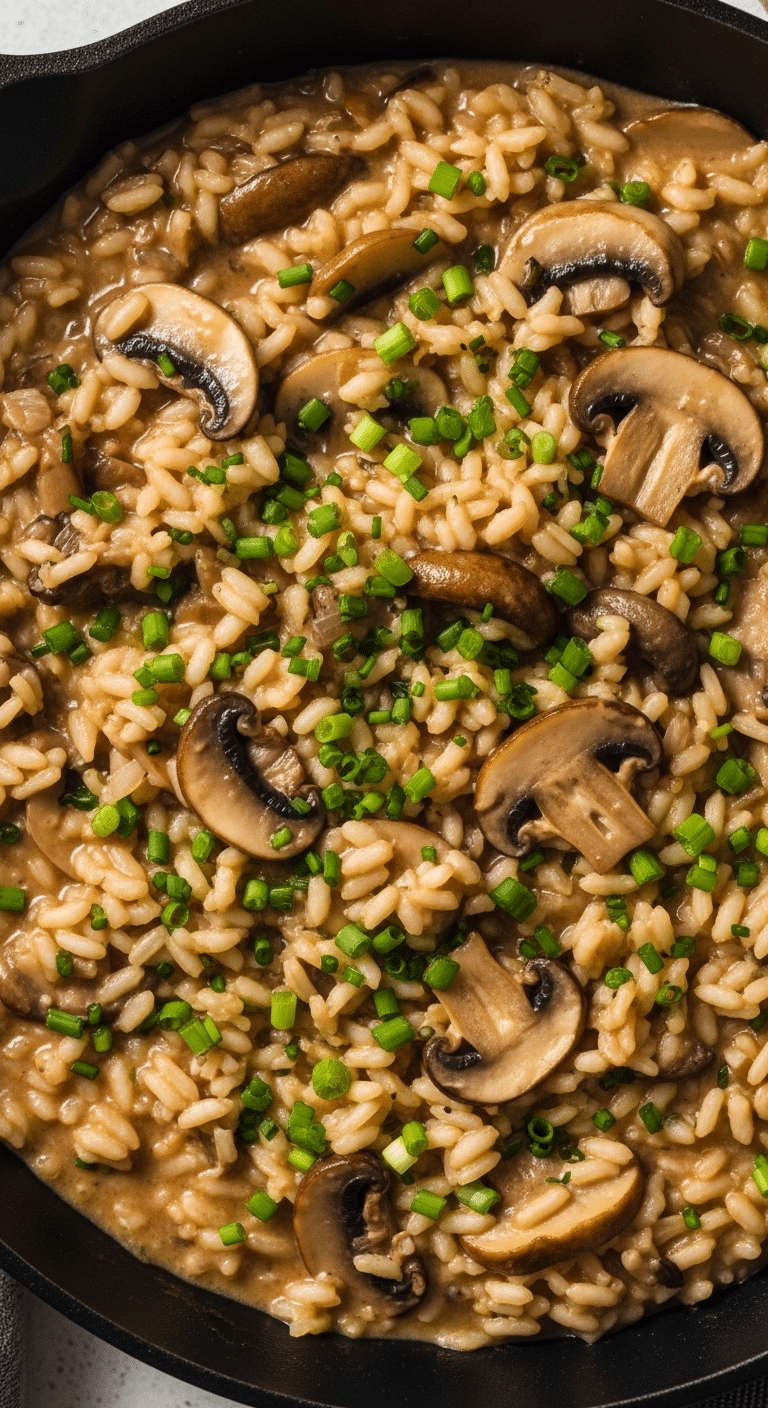 Gourmet mushroom risotto in elegant skillet with Parmesan and chive garnish