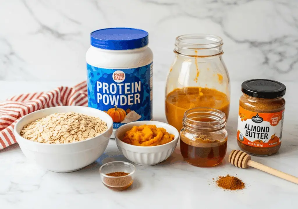 Pumpkin protein ball ingredients including oats, protein powder, and pumpkin puree