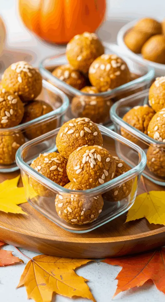 Pumpkin protein balls portioned in glass containers for healthy meal prep