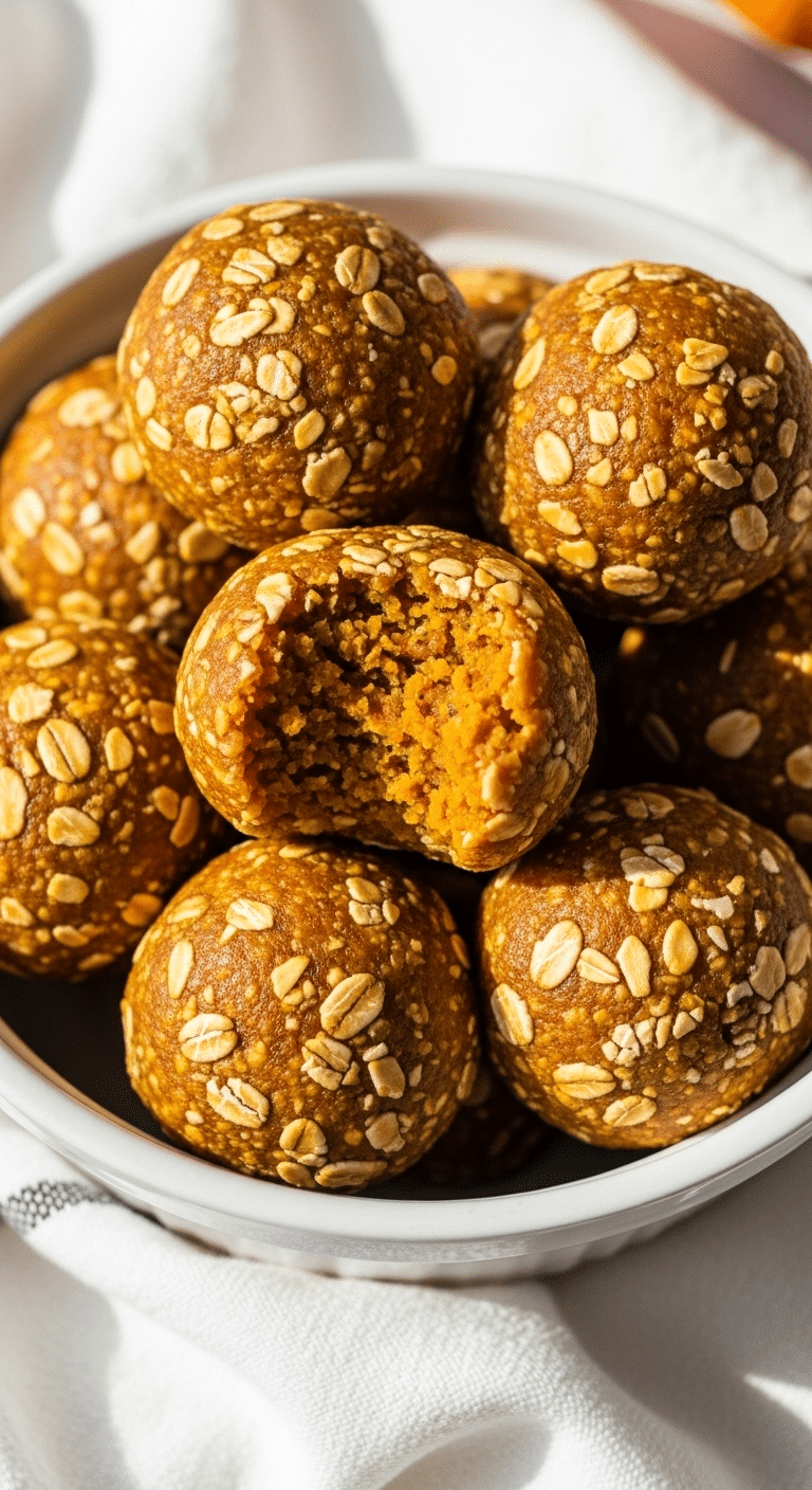 Pumpkin protein balls in white bowl showing golden color and healthy texture