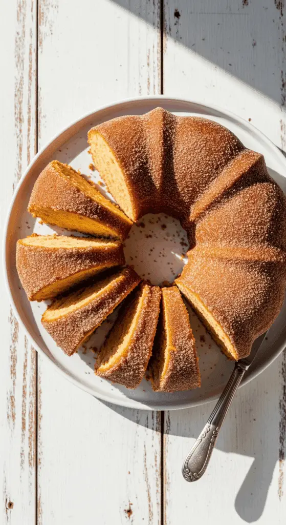 Apple cider doughnut cake sliced on plate showing golden interior and cinnamon coating