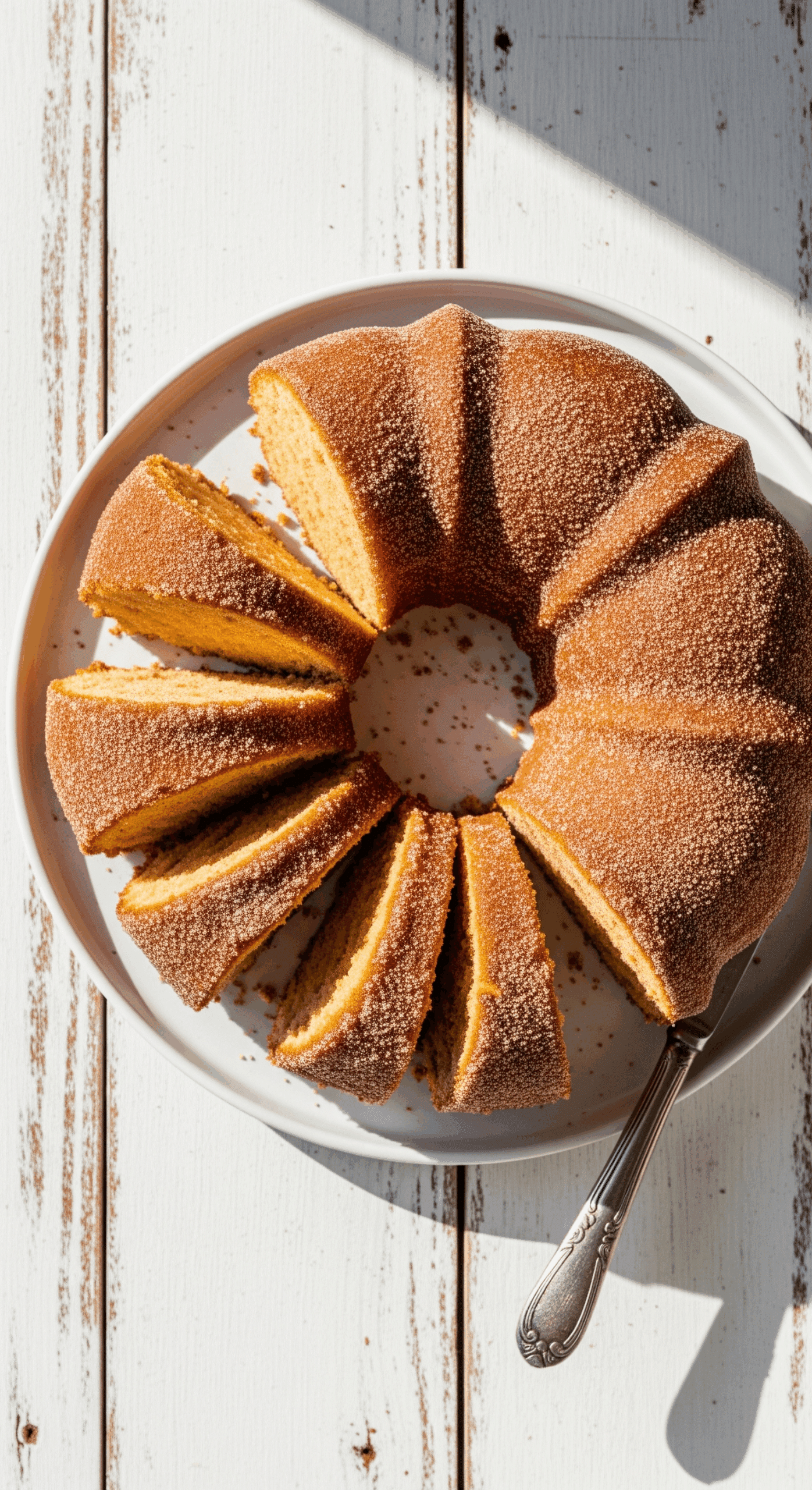 Apple cider doughnut cake sliced on plate showing golden interior and cinnamon coating