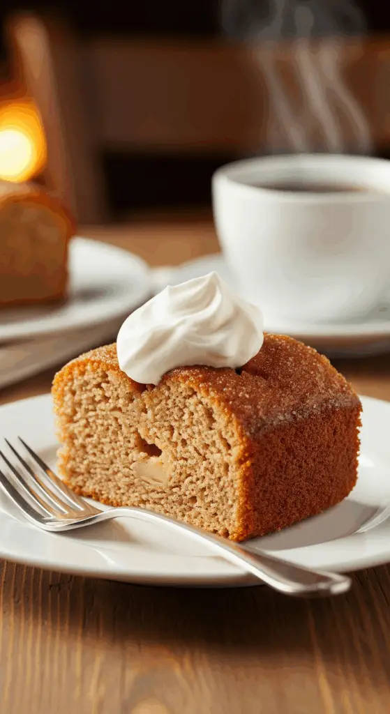 Plated apple cider doughnut cake slice with whipped cream and fork