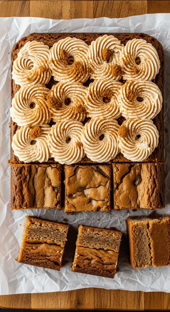 Brown butter blondies with speculoos buttercream cut into squares on parchment