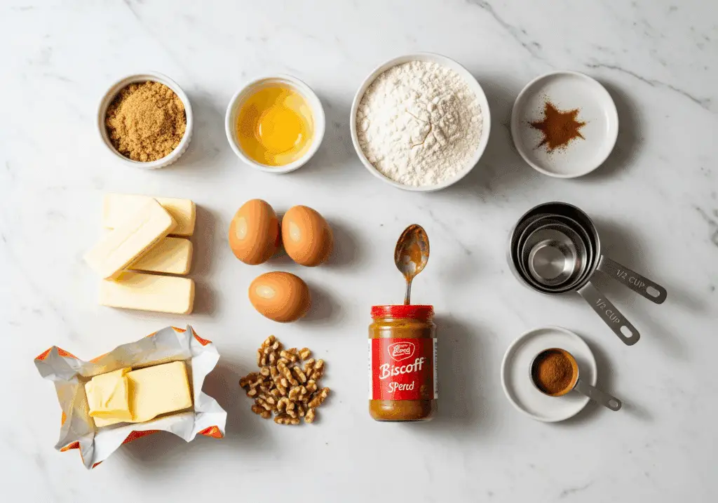 Brown butter blondie ingredients including Biscoff spread and brown sugar