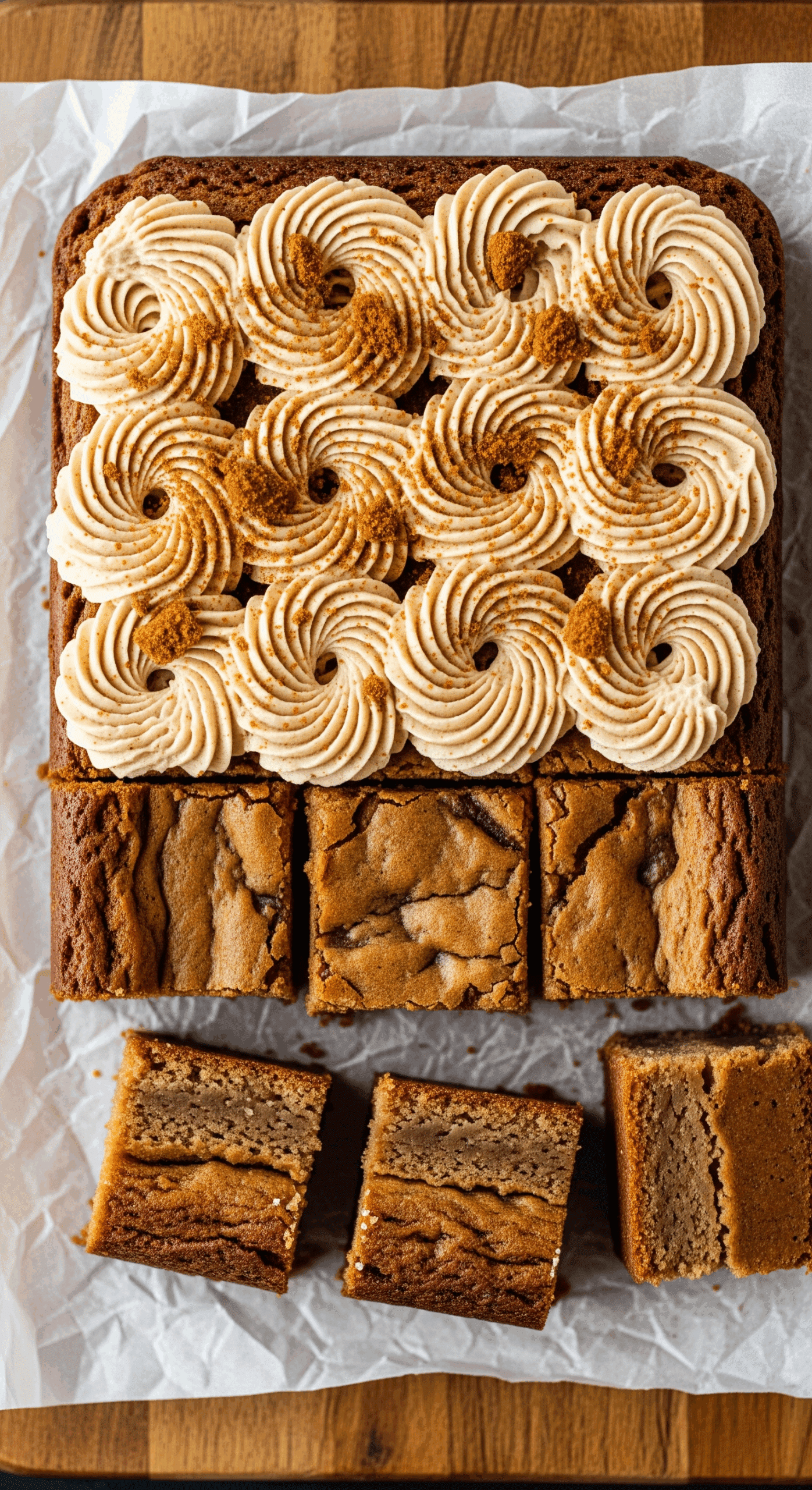 Brown butter blondies with speculoos buttercream cut into squares on parchment