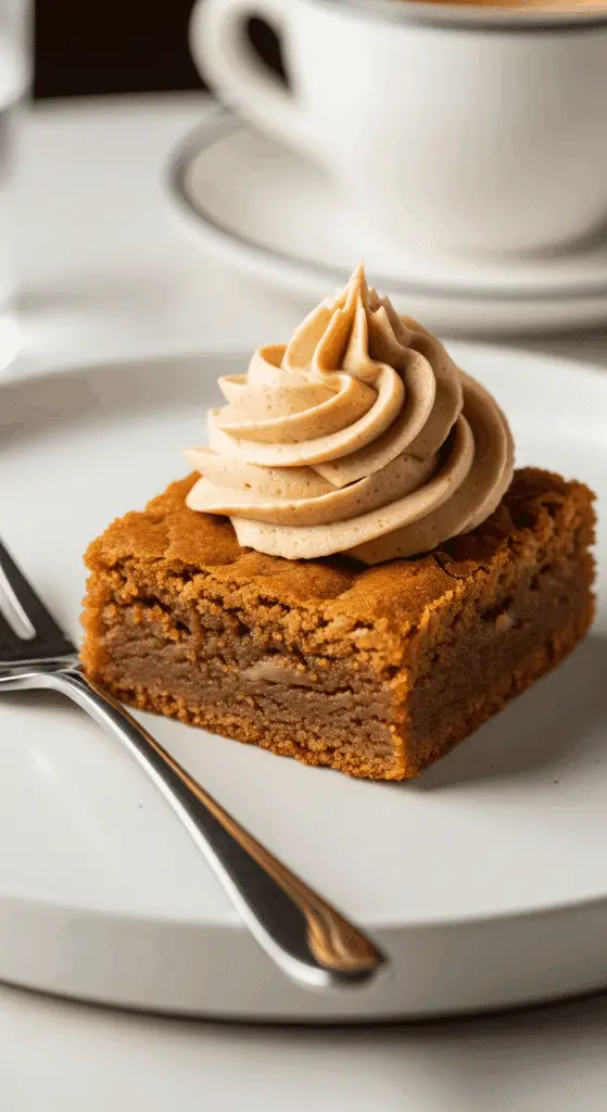 Plated brown butter blondie with speculoos buttercream and coffee background