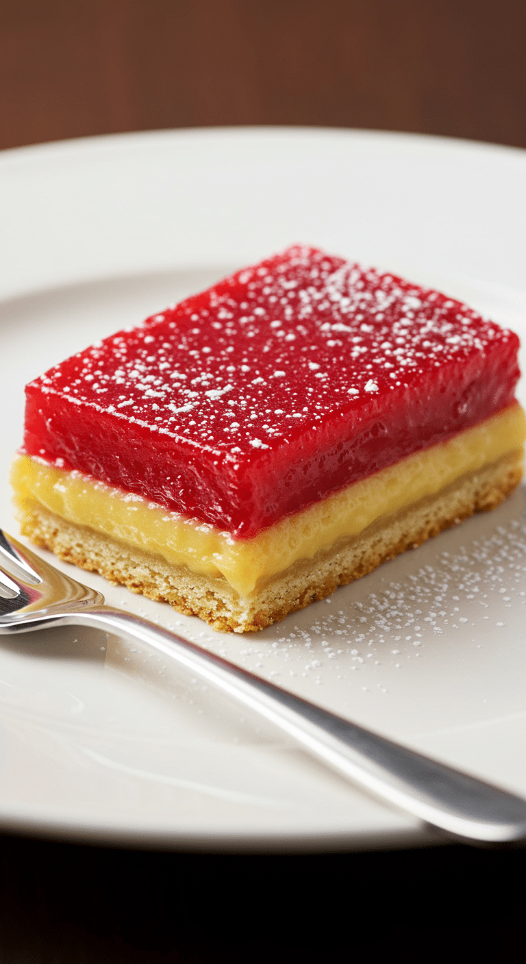 Plated cranberry curd bar showing red curd layer over golden shortbread