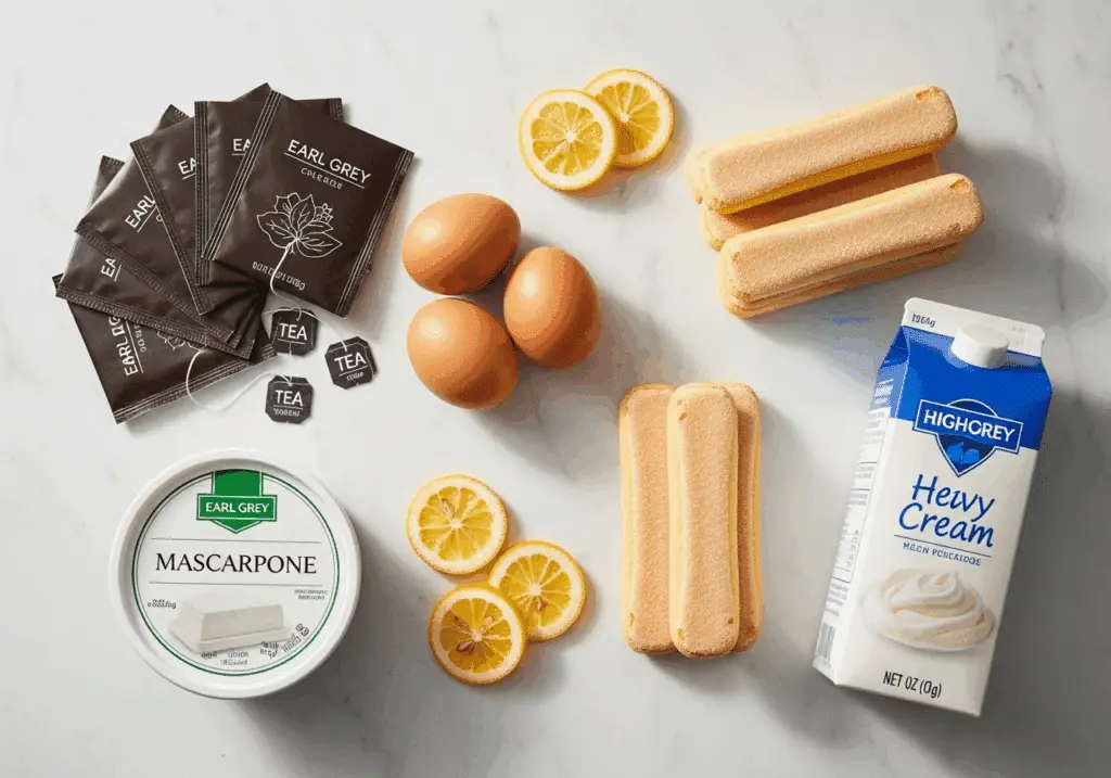 Earl Grey tiramisu ingredients including tea bags and mascarpone cheese
