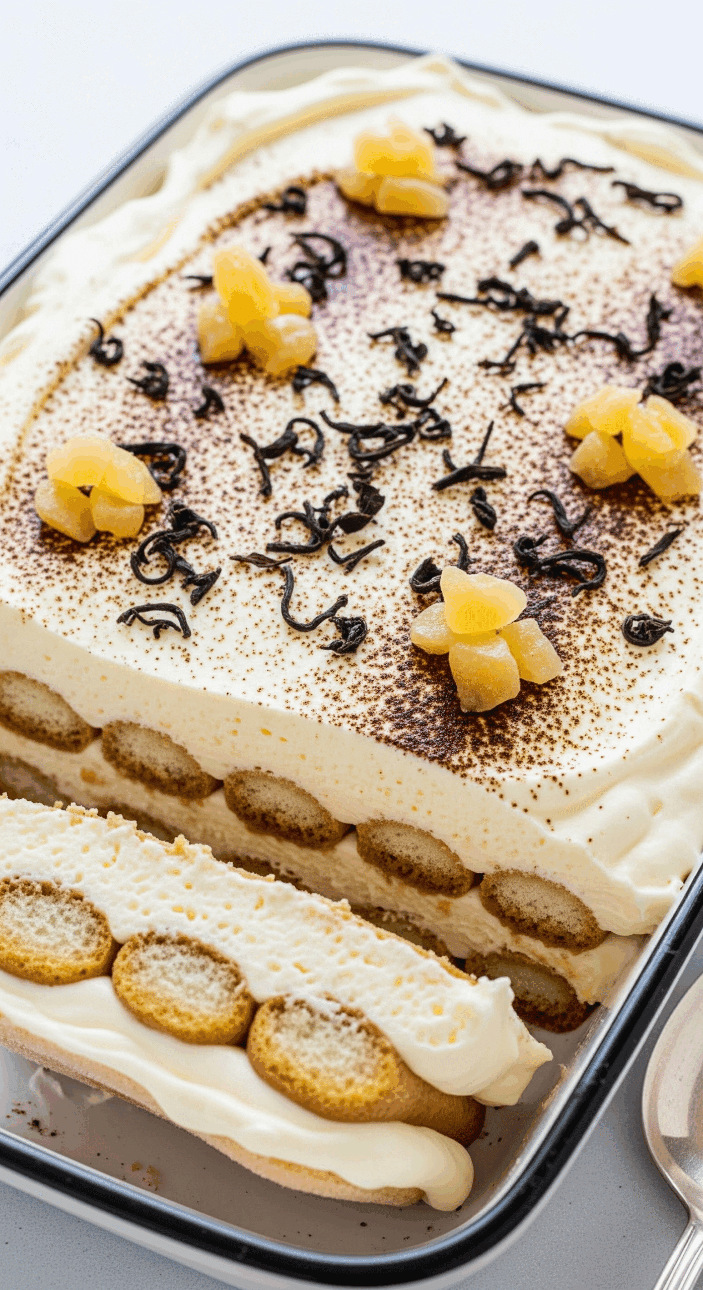 Earl Grey tiramisu slice showing cream layers and ladyfinger base with garnish