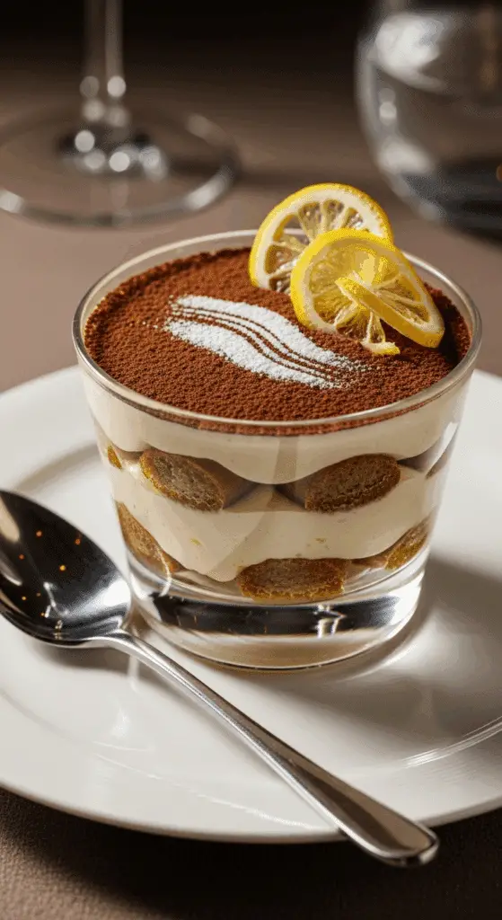 Individual Earl Grey tiramisu serving in glass with lemon garnish