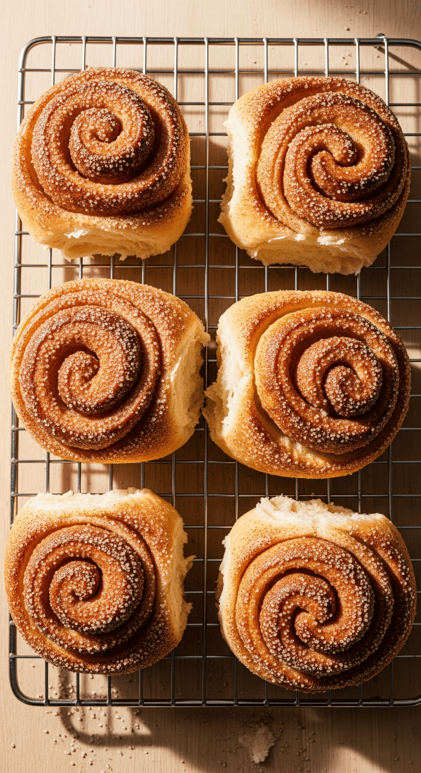 Morning buns on cooling rack showing flaky layers and cinnamon coating