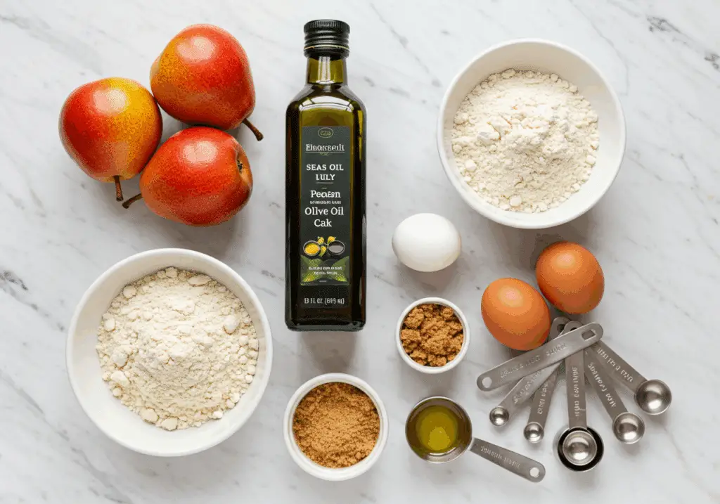 Pear olive oil cake ingredients including red pears and olive oil bottle