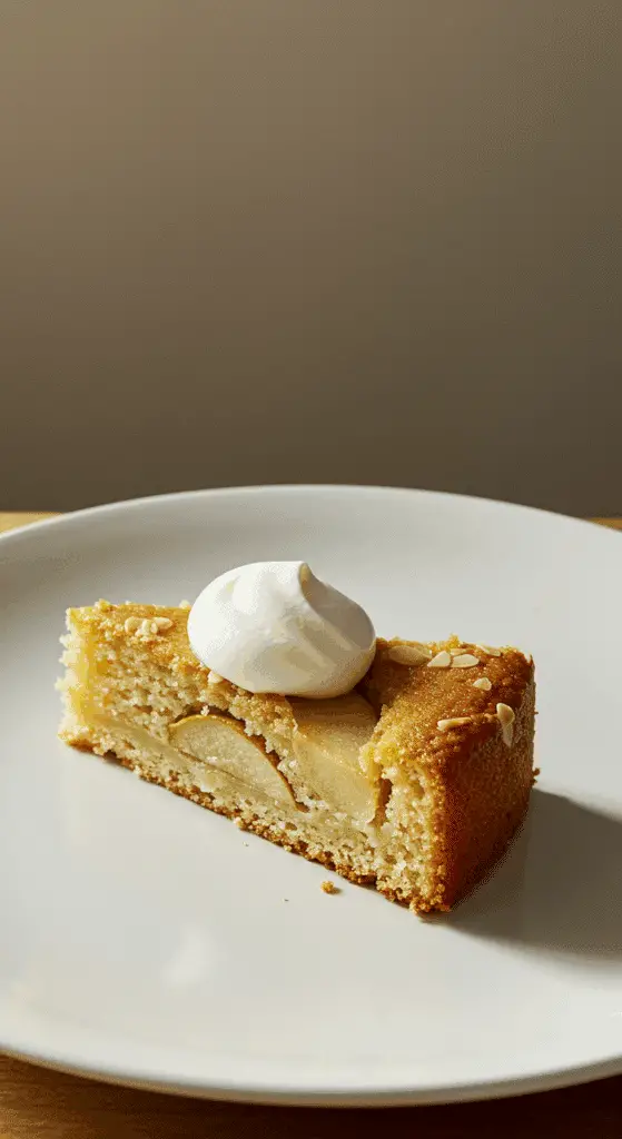 Elegantly plated pear olive oil cake showing golden color and texture
