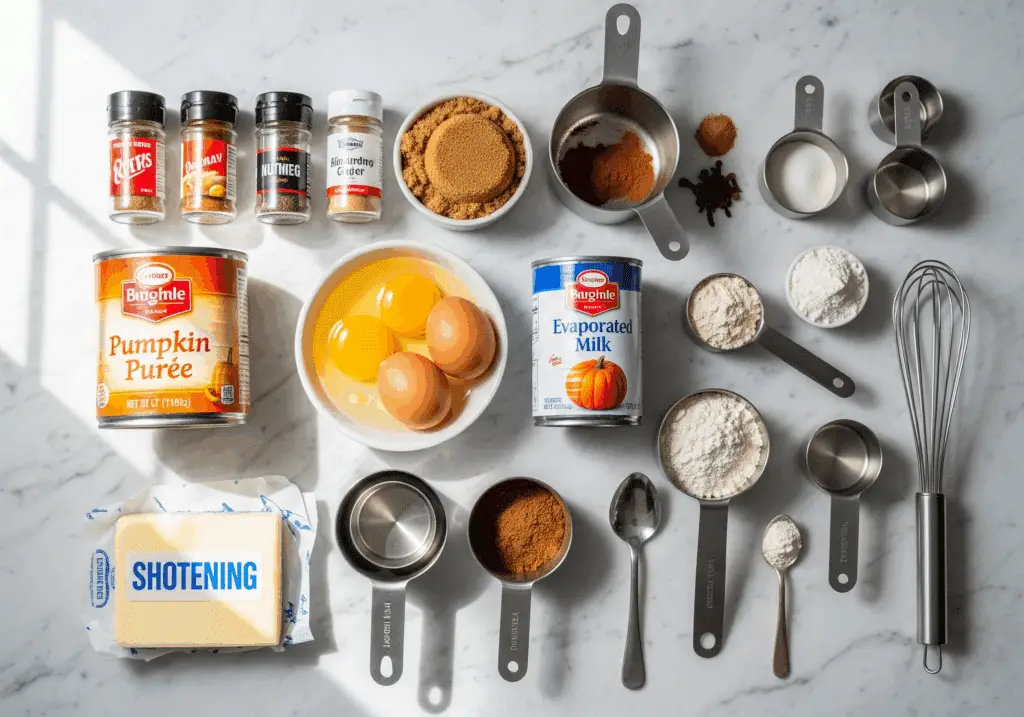 Pumpkin pie ingredients including canned pumpkin and warm spices laid out