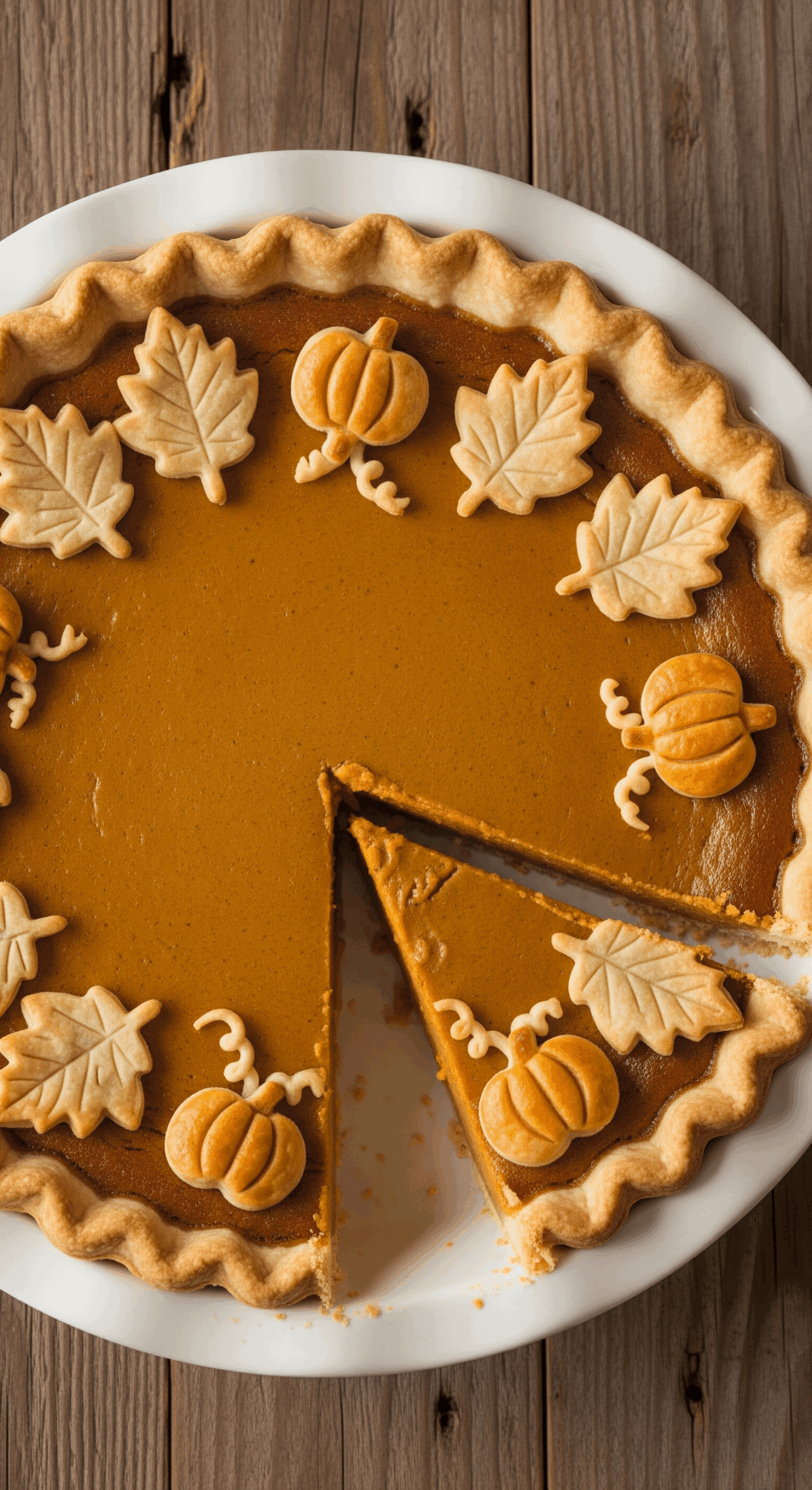 Pumpkin pie with decorative pastry elements and slice removed showing filling