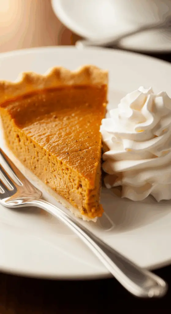 Plated pumpkin pie slice with whipped cream and fork on ceramic plate