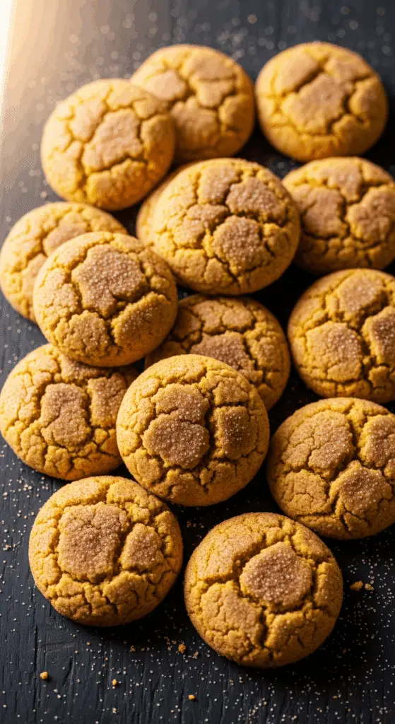 Pumpkin snickerdoodles with cracked surface and cinnamon sugar coating on wood
