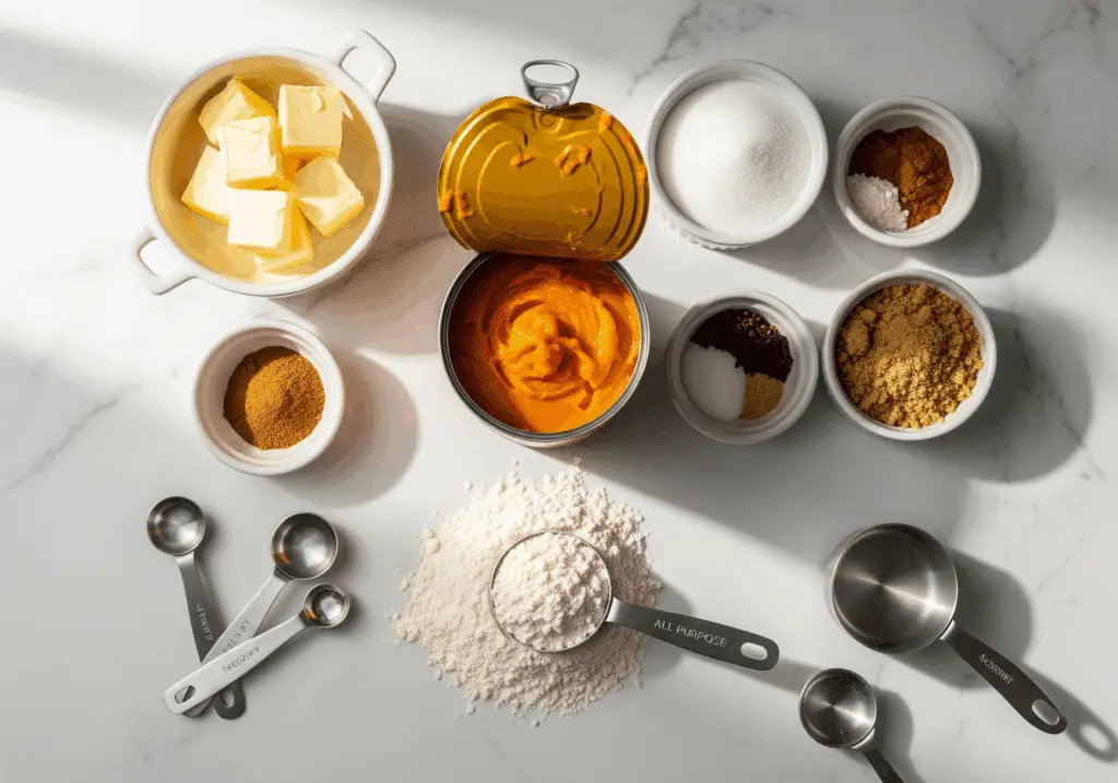 Pumpkin snickerdoodle ingredients including canned pumpkin and warm spices