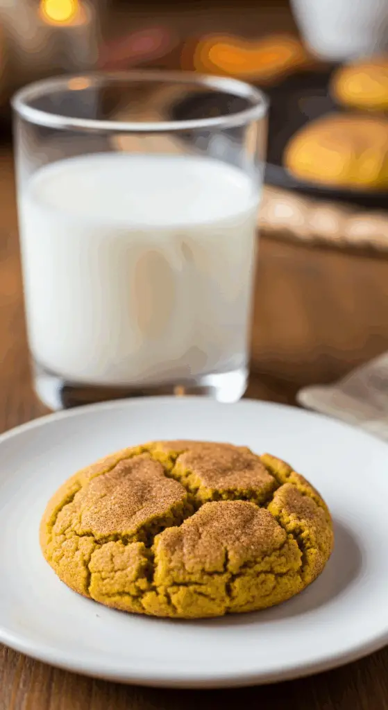 Plated pumpkin snickerdoodle with milk showing soft texture and cracks