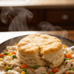 Slow cooker chicken pot pie in bowl with biscuit topping and steam
