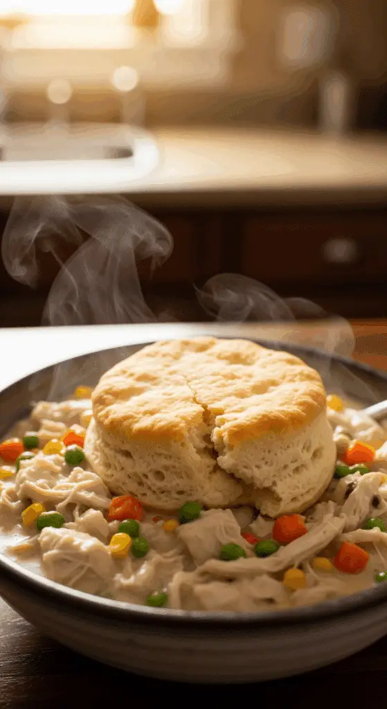 Slow cooker chicken pot pie in bowl with biscuit topping and steam