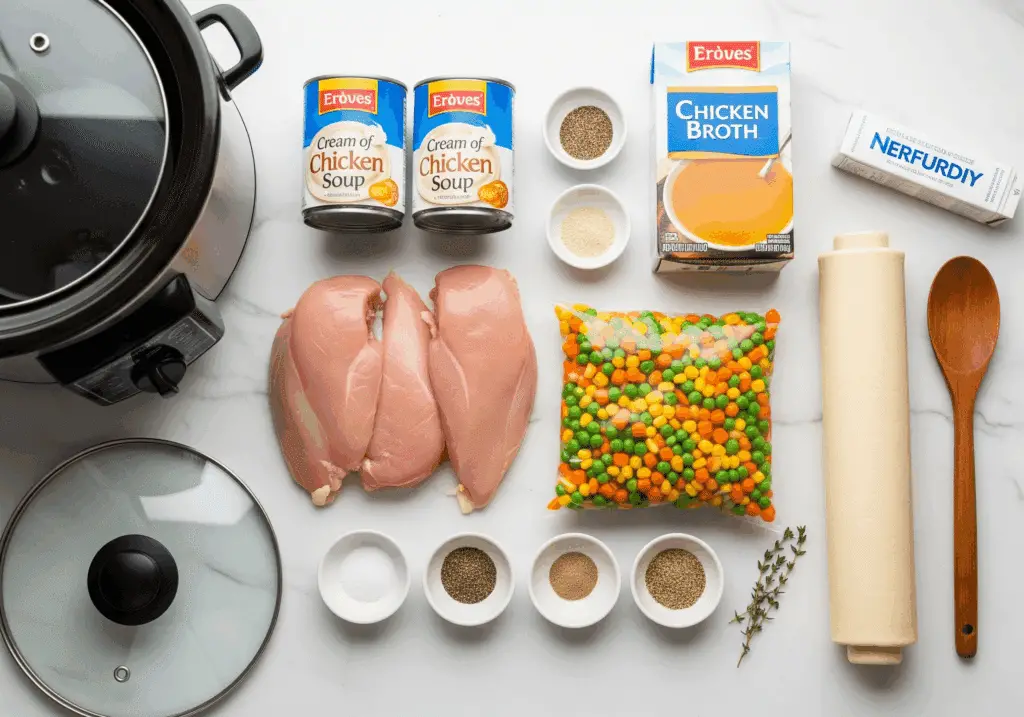 Slow cooker chicken pot pie ingredients including chicken and canned soups