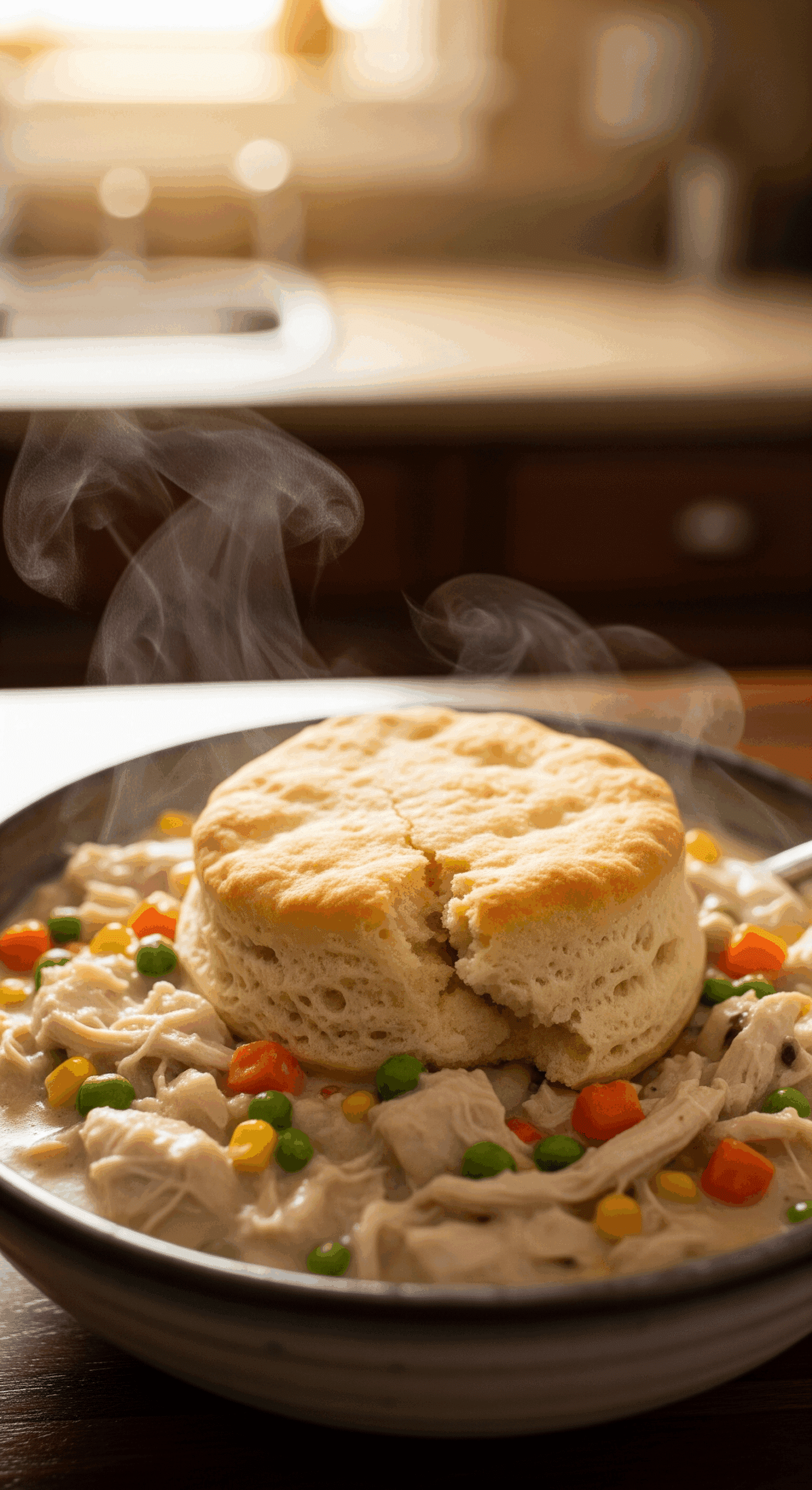 Slow cooker chicken pot pie in bowl with biscuit topping and steam