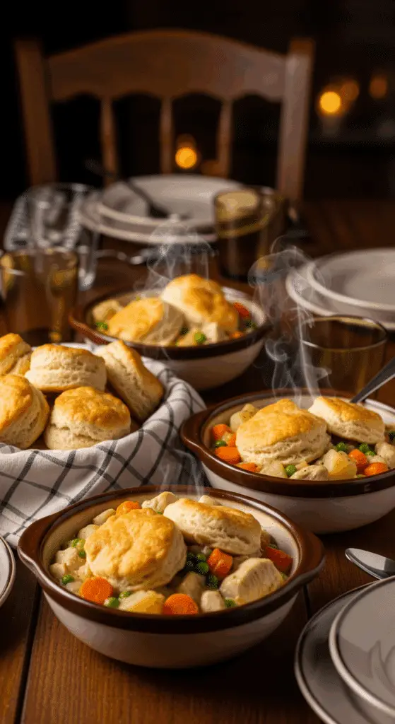 Family dinner with slow cooker chicken pot pie and biscuits served