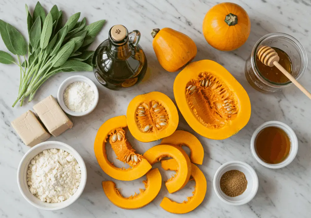 Squash focaccia ingredients including sliced delicata squash and fresh sage
