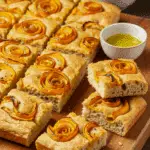 Cut squash focaccia pieces on wooden board with olive oil for dipping