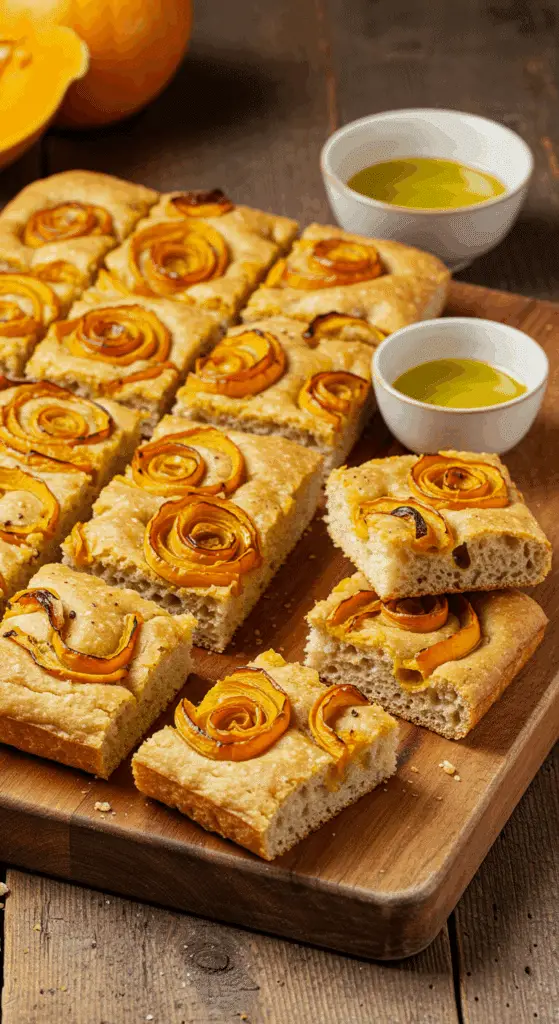 Cut squash focaccia pieces on wooden board with olive oil for dipping