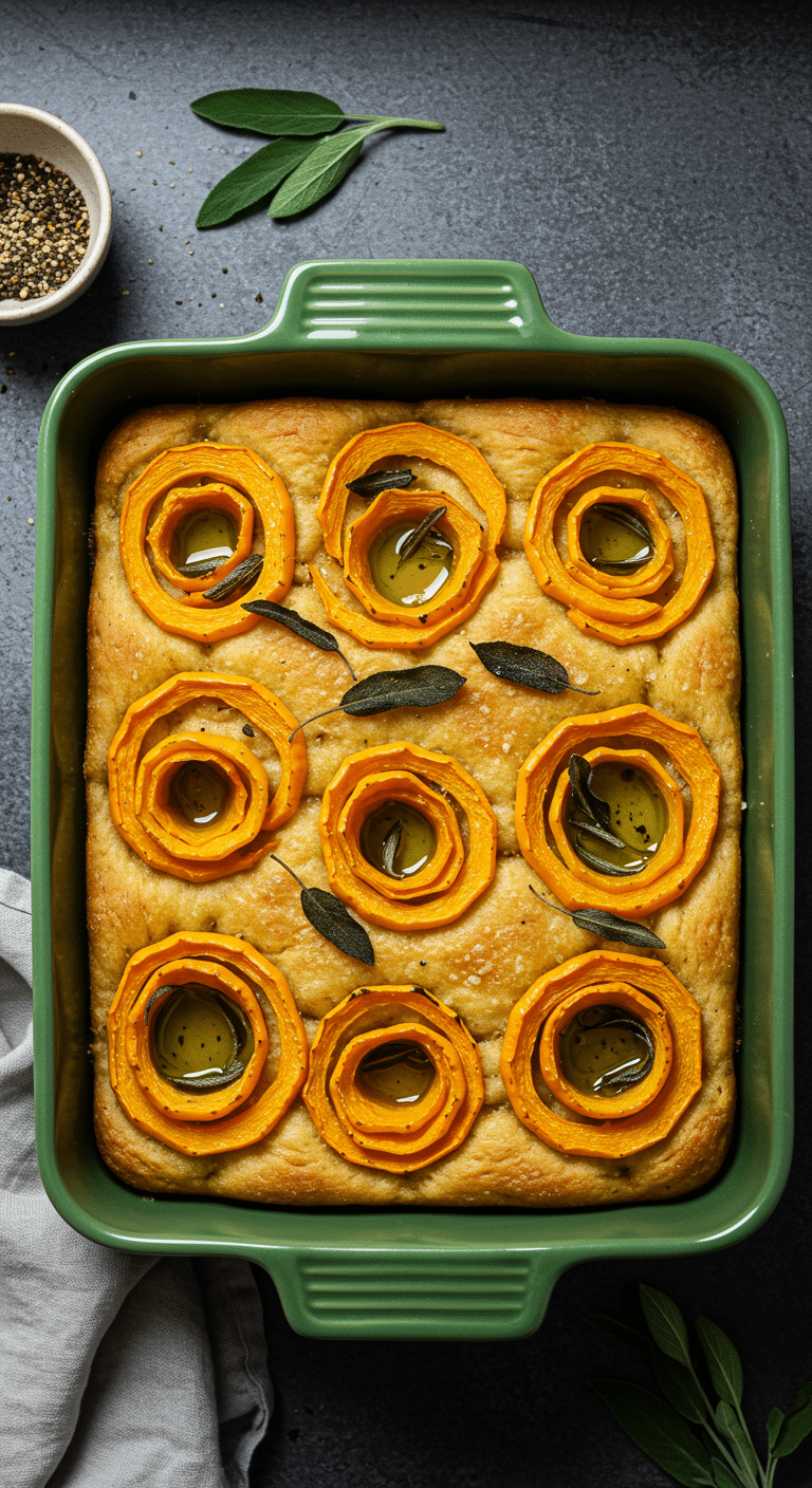 Squash focaccia in green baking dish with roasted delicata squash and sage