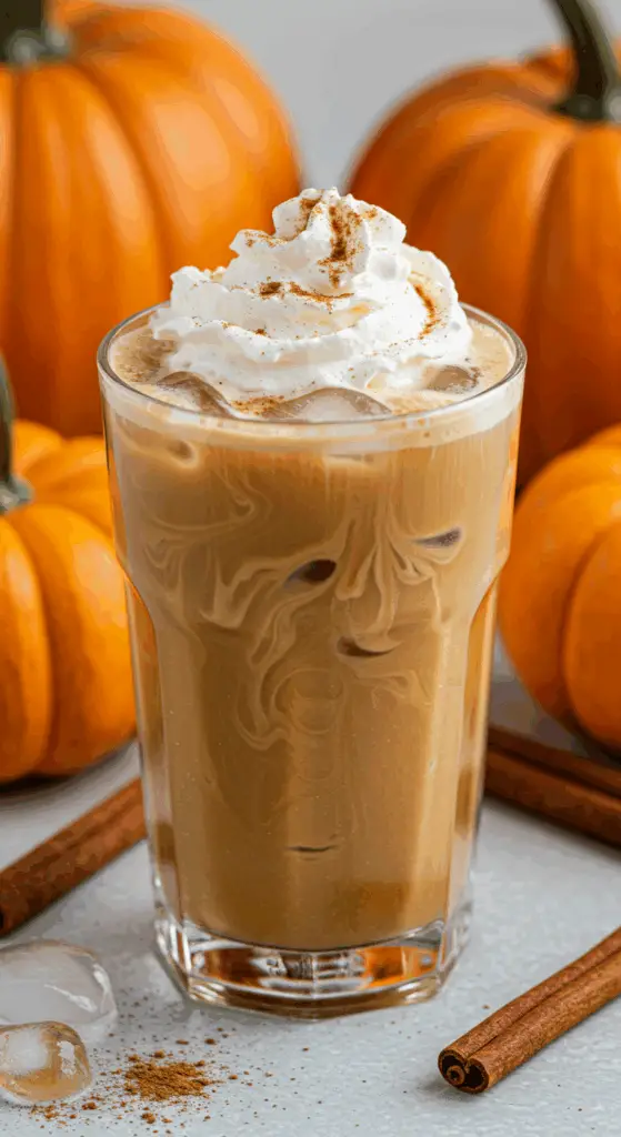 Iced pumpkin spice latte with whipped cream and cinnamon in clear glass